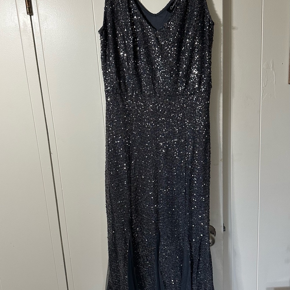 Sequin V-Neck Maxi Dress - Evening Gown, dark grey.